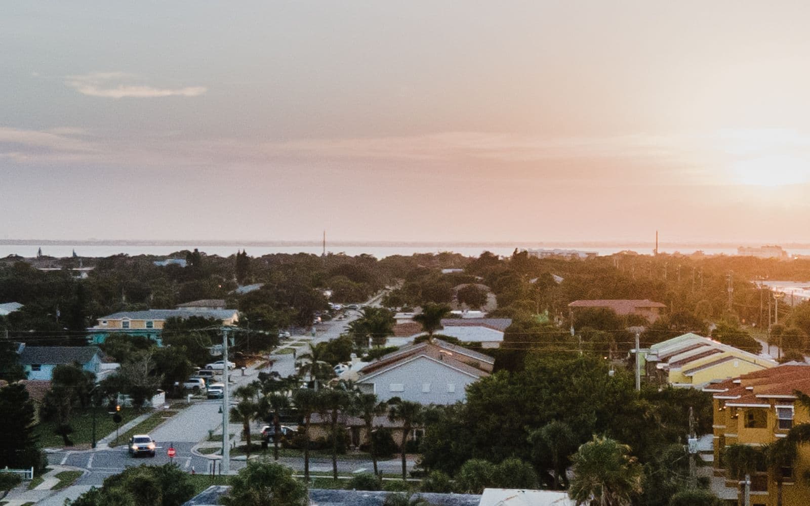 Aerial view of a coastal Eastern Virginia neighborhood at sunset